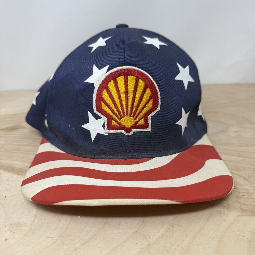 Vtg Shell Oil Trucker Hat Cap Union Gas American Flag Stars Cobra Cars SnapBack